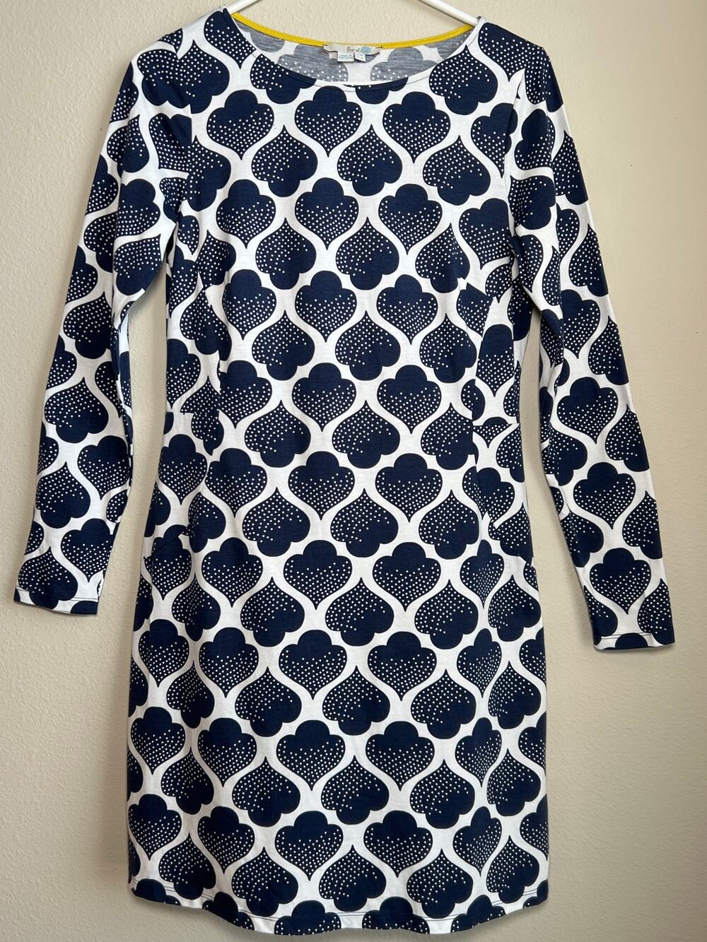 Boden Navy Blue White Leaf Geometric Cotton Modal Shift Dress Size US 6L/ Tall